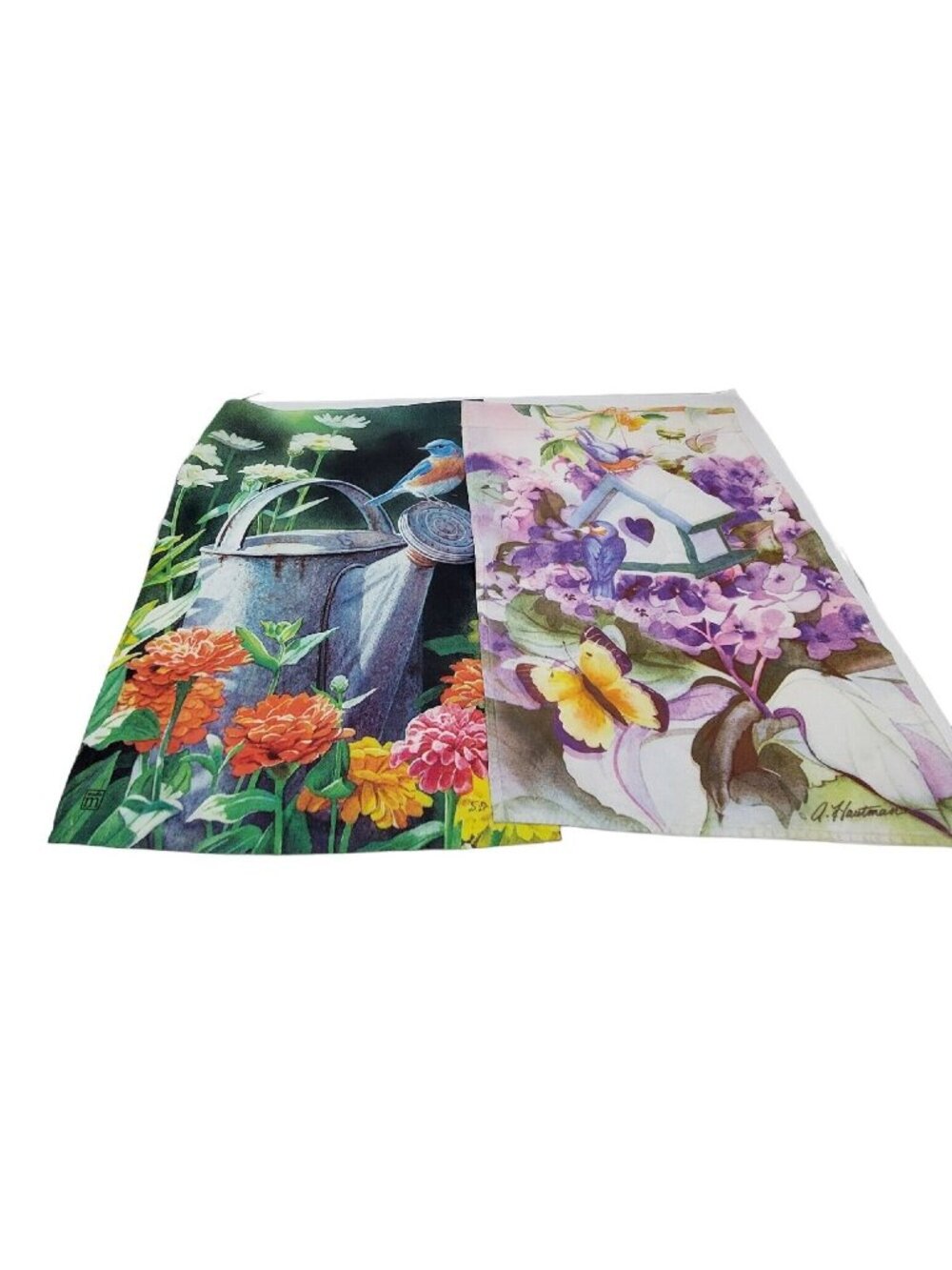 Garden Flags Set Of 2 Flowers Bird Butterfly Watering Can  12"x17" Signed